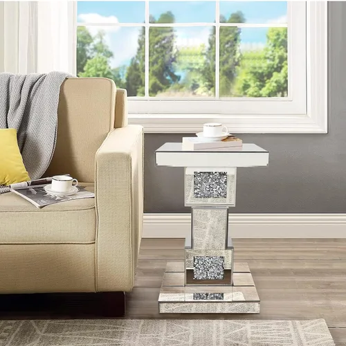Miniatura 3 de Mesa auxiliar plateada con incrustaciones de cristal, mesa auxiliar moderna, mesa auxiliar cuadrada pequeña para sala de estar, dormitorio