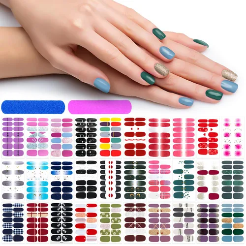 Miniatura 14 de 420 piezas de 30 hojas de envolturas de uñas con lima de uñas, tiras de esmalte de uñas con diseño degradado con brillantina, calcomanías