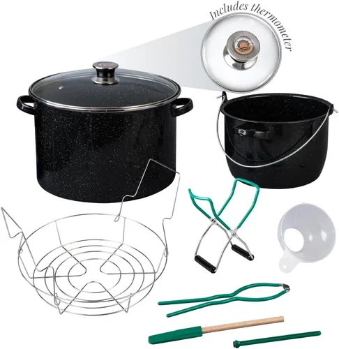 Miniatura 10 de Granite Ware 9 piezas esmaltadas baño de agua olla de enlatado con kit de enlatado, colador y estante. kit de iniciación de suministros de enlatado.