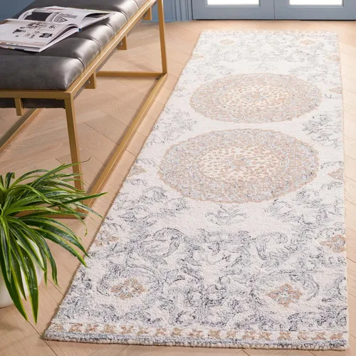 SAFAVIEH Marquee Collection - Alfombra para pasillo, 2 pies 3 pulgadas x 8 pies, beige y gris, diseño de medallón floral, lana hecha a mano, ideal