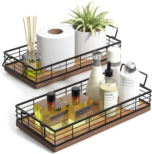 Miniatura 7 de Cesta de papel higiénico de acacia, bandeja de 13 pulgadas para almacenamiento de artículos de aseo en la parte superior del inodoro, organizador