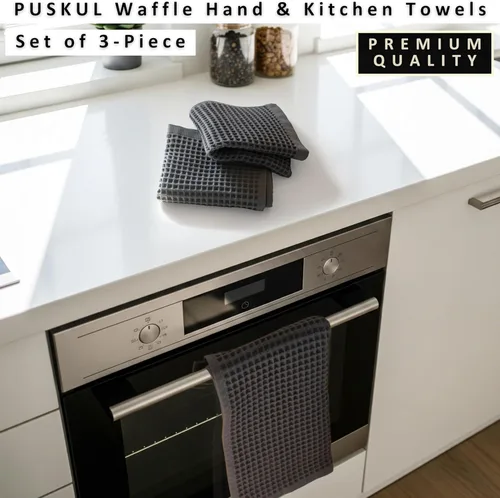 Miniatura 4 de PÜSKÜL Toalla de Cocina de Gofre Orgánico 100% Algodón Turco Juego de 3 Gris Oscuro - Toallas de Mano de 32x16 Pulgadas de Calidad Premium, Suave