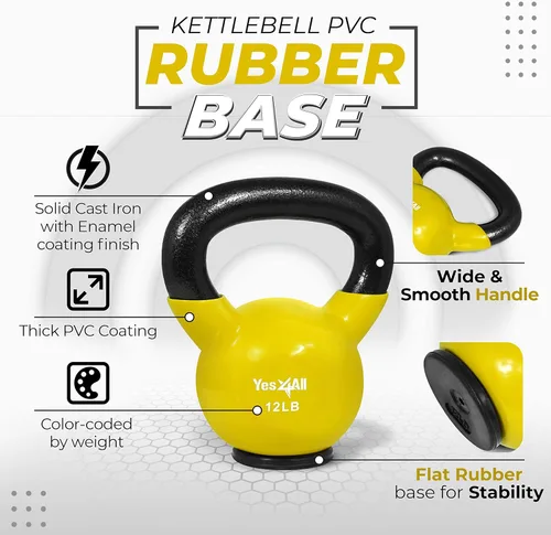 Miniatura 3 de Yes4All Juego de pesas rusas con base de goma, pesas rusas para mujer, pesas rusas de entrenamiento de fuerza (10-65 libras)