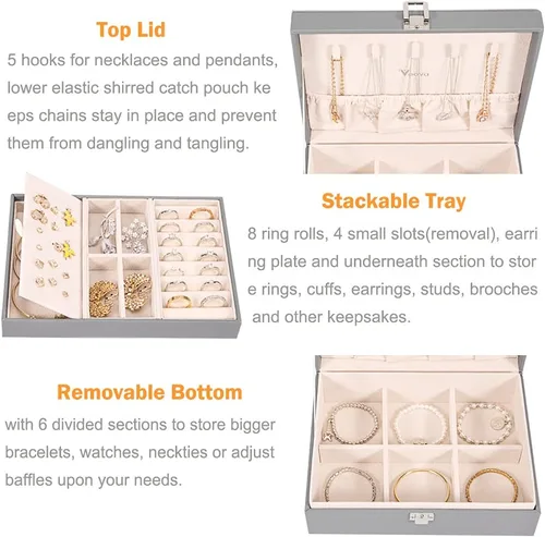 Miniatura 2 de Voova - Joyero organizador para mujeres y niñas, 2 capas de almacenamiento de joyas grandes para hombres, soporte para joyas de piel sintética