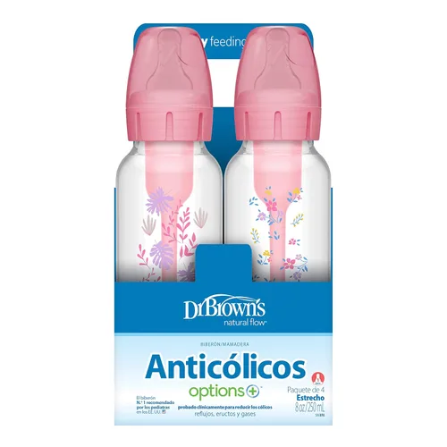 Miniatura 17 de Dr. Brown's Natural Flow Anti-Cólico Options+ Biberón Estrecho, Floral Rosa, 8 onzas/250 mL, con Tetinas de Flujo Lento Nivel 1, 0m+, paquete de 4
