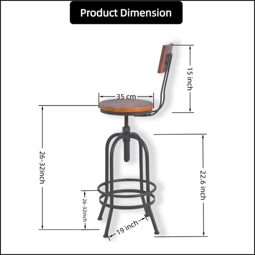 Miniatura 2 de Juego de 2 taburetes de bar industriales con respaldo, asiento giratorio de madera, barra de bar altura ajustable de 26 a 32.2 pulgadas, silla