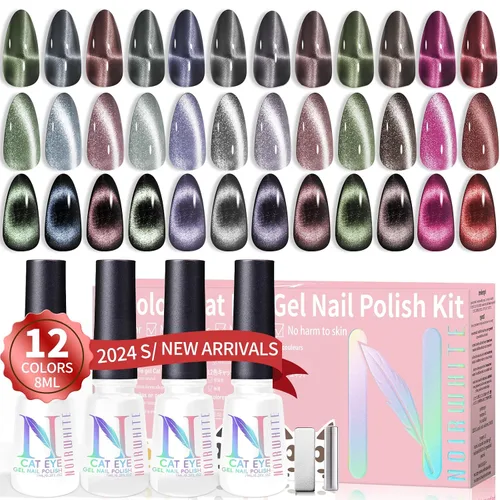 Miniatura 10 de Kit de esmalte de uñas de gel, 12 colores brillantes con purpurina 9D camaleón ojo de gato, juego de esmalte de uñas de gel con base de luz