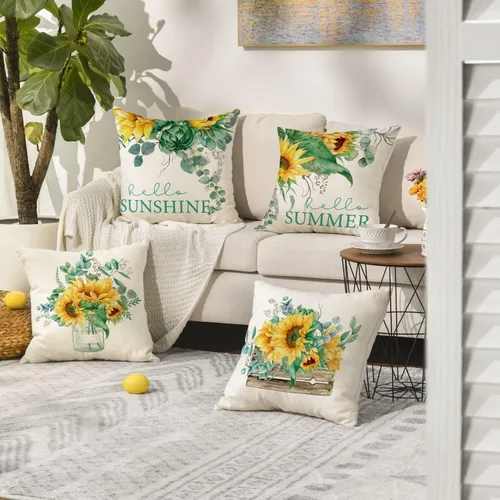 Miniatura 2 de AVOIN colorlife Juego de 4 fundas de almohada con diseño de girasol en acuarela, 16 x 16 pulgadas, con hojas de eucalipto, para verano, fiestas