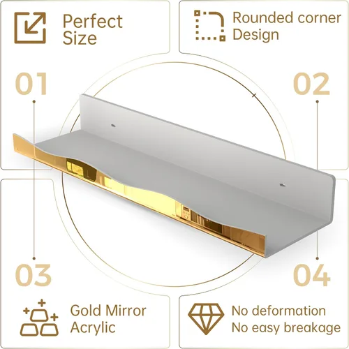 Miniatura 4 de YMVV Estante flotante montado grande de acrílico reflectante dorado de 15.7 pulgadas, estante organizador de perfumes, organizador moderno