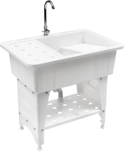Miniatura 14 de Fregadero de plástico independiente con tabla de lavadero, lavabo para lavandería, lavabo con grifo caliente y frío para garaje, sótano, jardín