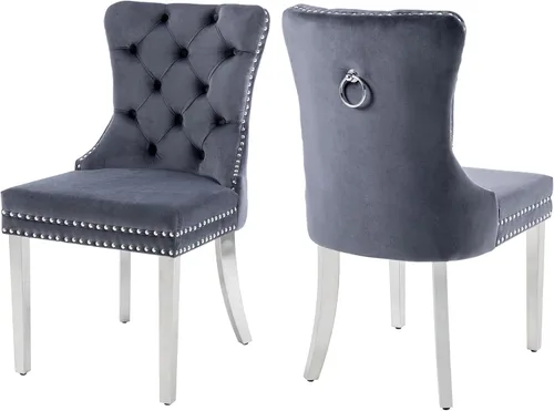 Miniatura 19 de Sillas de Comedor de Terciopelo Juego de 4, Colección Nikki Sillas de Comedor con Patas de Acero Inoxidable Plateado y Anilla, Silla Lateral de Lujo