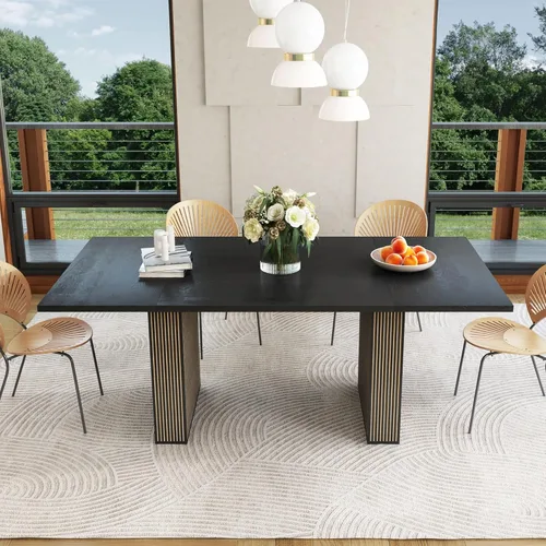 Miniatura 5 de QHITTY mesa de comedor acanalada de 78 pulgadas de madera para 6 a 10 personas, mesa larga rectangular de estilo campestre con base de tiras