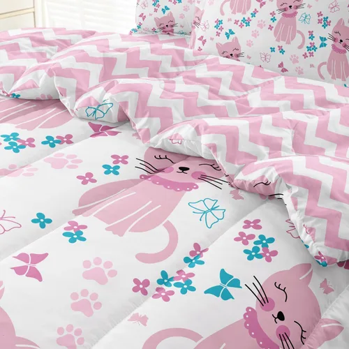 Miniatura 5 de Juego de cama individual para niños con gatos, lindo juego de edredón rosa con animales para decoración de dormitorio de adolescentes, juegos de Cat1