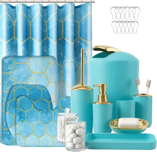 Miniatura 13 de BSSN Juego de 25 accesorios de baño negros y dorados con cortina de ducha y alfombras, basura, cepillo de inodoro, dispensador de jabón, soporte