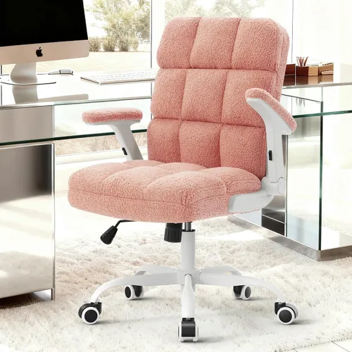 Miniatura 2 de SEATZONE Silla de oficina rosa ergonómica con ruedas, silla de escritorio para computadora de felpa sintética, silla de oficina cómoda para mujeres