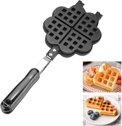 Máquina de gofres antiadherente, plancha de aluminio en forma de corazón con mango desmontable, sartén portátil para fogata, utensilios de cocina