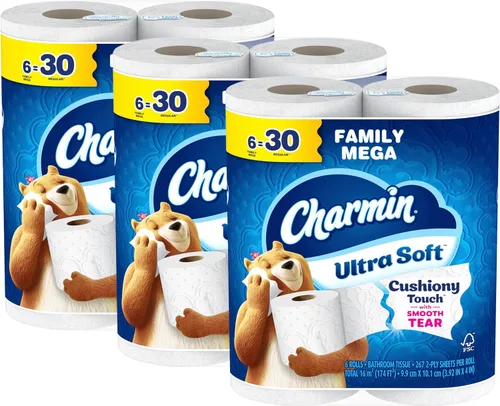 Miniatura 13 de Charmin Papel higiénico Ultra Soft Cushiony Touch, 18 mega rollos familiares = 90 rollos regulares