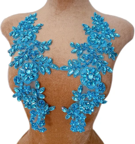 Miniatura 17 de 1 par de decoraciones de vestido de novia de 5.1 x 13.4 in, parches de encaje para coser con cuentas de diamantes de imitación sueltas, piedras
