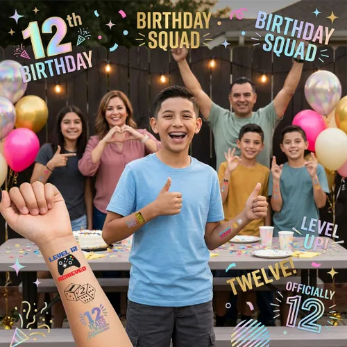 Miniatura 4 de Tatuajes temporales de cumpleaños número 12, 4 hojas, divertidos recuerdos de fiesta de cumpleaños para él o ella, suministros para fiestas