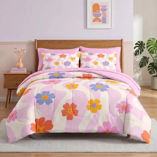 Pamnest Juego de edredón tamaño individual, ropa de cama retro de 5 piezas para niños y adultos, juego de sábanas con estética hippie para niños con