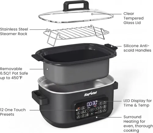 Miniatura 8 de Sunvivi Cocina múltiple 12 en 1, olla de cocción lenta programable de 6.5 cuartos de galón con temporizador y control de temperatura, ajuste