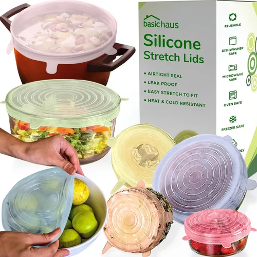 Miniatura 8 de Tapas de silicona para almacenamiento de alimentos, paquete de 5, 5 tamaños, de grado alimenticio, fundas de silicona reutilizables para ollas