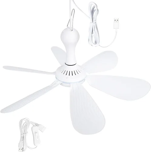 Miniatura 8 de Xindejia Ventilador de techo pequeño alimentado por USB, 6 aspas, silencioso DC 5 V, ventiladores colgantes USB para interiores y exteriores, RV