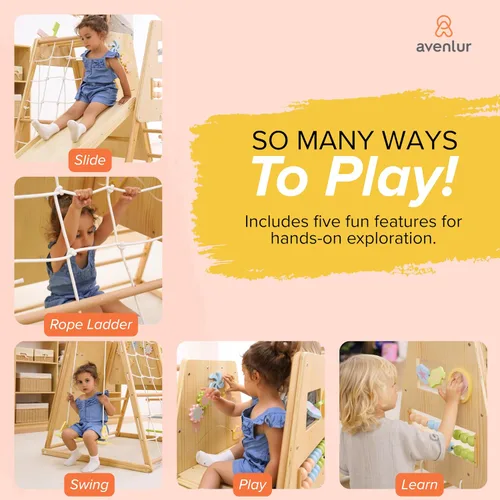 Miniatura 7 de Avenlur Cherry - Escalador de madera 5 en 1 para interiores, gimnasio Montessori para niños pequeños con tobogán, pared de roca, escalera de cuerda