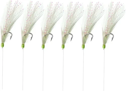 OceanCat 10 paquetes de 6 ganchos/juego de plataformas de cebo de agua salada, gancho de cuerda de piel de pez de plumas blancas para pesca de agua