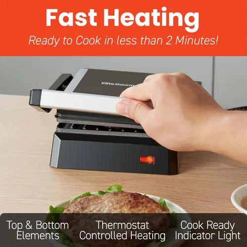 Miniatura 3 de Elite Gourmet EPN160X 5.5 x 5.3" Multifuncional, compacta prensa eléctrica Panini, parrilla de contacto, parrilla plana de 180°, ligera, placa