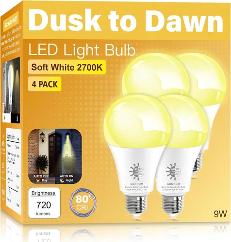 Miniatura 9 de Gonhom Paquete de 2 Bombillas de Luz del Atardecer al Amanecer para Exteriores, Blanco Cálido 2700K, 720LM, 9W (Equivalente a 60W) A19 E26 Bombillas