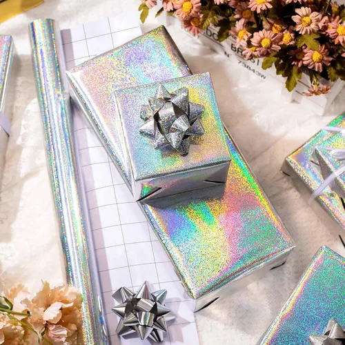 Miniatura 2 de Burymento Rollo de papel de regalo plateado, papel de regalo de punto holográfico metálico para cumpleaños, San Valentín, día de la madre