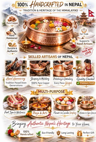 Miniatura 4 de Cuenco de spa de pies de cobre puro de 11 a 12 pulgadas hecho a mano Nepalí Khadkulo, lavabo de pedicura de cobre martillado para remojo de pies