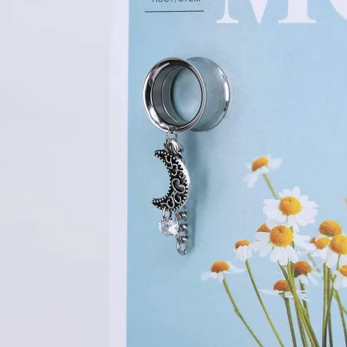 Miniatura 2 de ZS Vintage Moon Dangle Ear Tunnels Plug Stainless Steel Screw Ear Gauge Feather Chain Ear Expander Flesh Tunnels Piercing