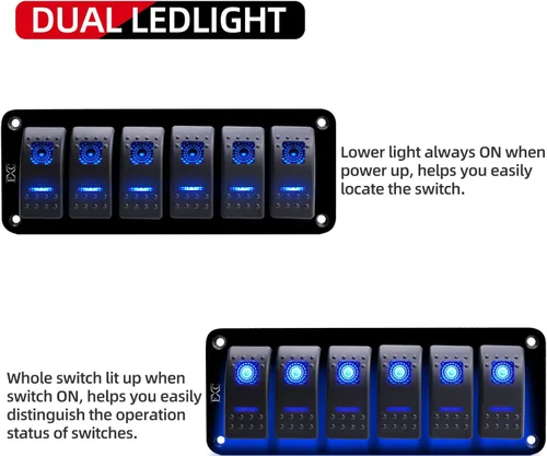 Miniatura 2 de FXC - Panel de interruptor basculante de aluminio de 6 bandas, interruptores de palanca de 5 pines encendido/apagado, 2 LED retroiluminados