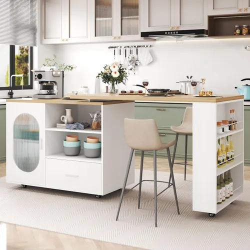 Miniatura 13 de HSH Isla de cocina rodante de 72 pulgadas con asiento, mesa giratoria de 360°, isla de cocina con gabinete de almacenamiento, cajón y estantes