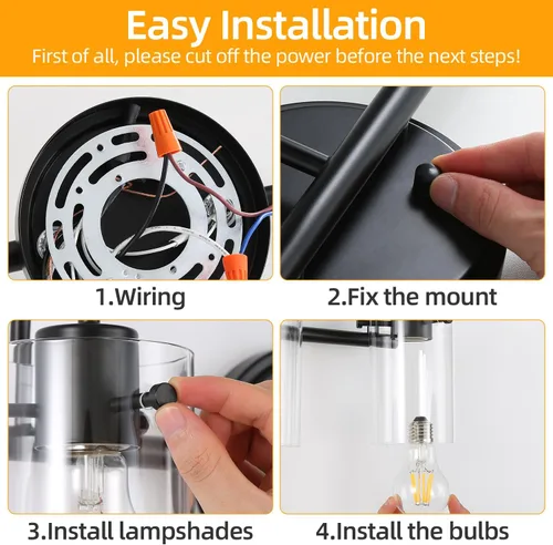 Miniatura 8 de 3 luces de tocador, lámparas de pared de baño negro mate sobre el espejo, aplique de pared moderno con pantalla de vidrio transparente, lámpara