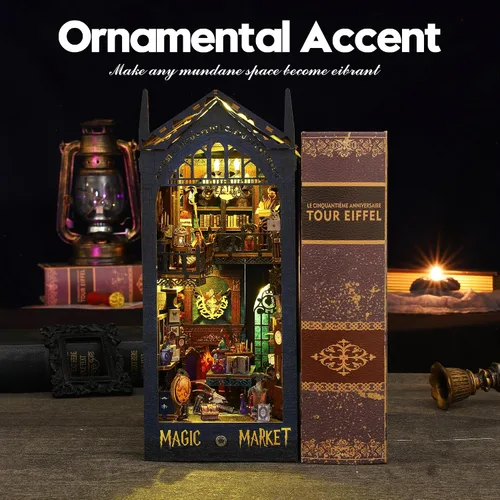 Miniatura 4 de Kit de rincón de libro, inserción de estantería, modelo de madera en miniatura con sensor de luz LED, tema de mercado mágico, diorama 3D