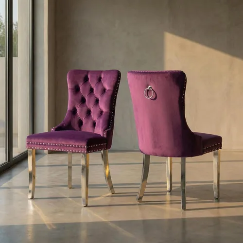 Juego de 2 sillas de comedor de terciopelo, sillas de comedor copetudas de mediados de siglo con anillo trasero de cabeza de clavo, patas de metal,