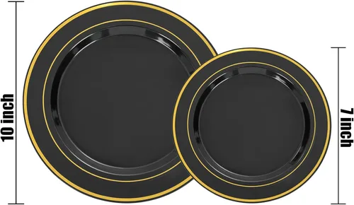 Miniatura 2 de NOCCUR 200 platos de plástico negro y dorado para 100 invitados - Incluyen 100 platos desechables resistentes de 10" para cena / 100 platos