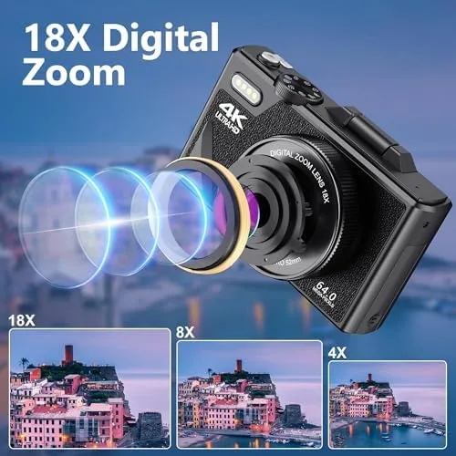 Miniatura 4 de Cámara digital de 64 MP con vlogging 4K y zoom de 18X, pantalla abatible compacta para niños y niñas