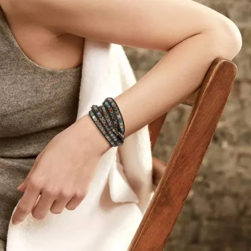 Miniatura 3 de Emibele - Pulsera de piel con capas, remache con estampado de leopardo, estilo bohemio, de capas múltiples, hecha a mano, con cuentas de cristal