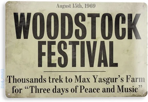 Tinworld Cartel de estaño: Woodstock Festival Retro Music Metal Decor Shop Store Cave A691