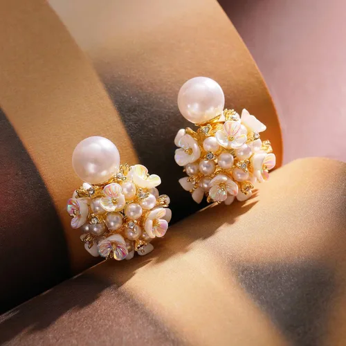 Miniatura 3 de Aretes de bola de flor de perlas, aretes de bola blanca para mujeres y niñas, Zinc, Perla