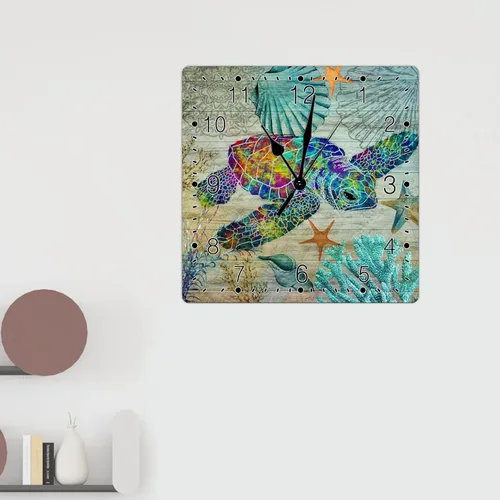 Miniatura 3 de Reloj de pared silencioso sin tictac con temática de playa, océano, colorido, tortuga marina, reloj de pared cuadrado estilo rural costero toscano