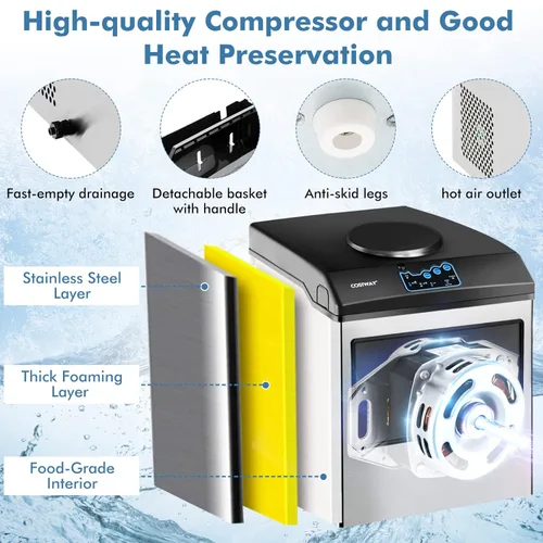 Miniatura 6 de COSTWAY Dispensador de agua integrado para máquina de hielo 2 en 1, 48 libras por día, cubo de hielo de tamaño S/M/L, cesta de almacenamiento