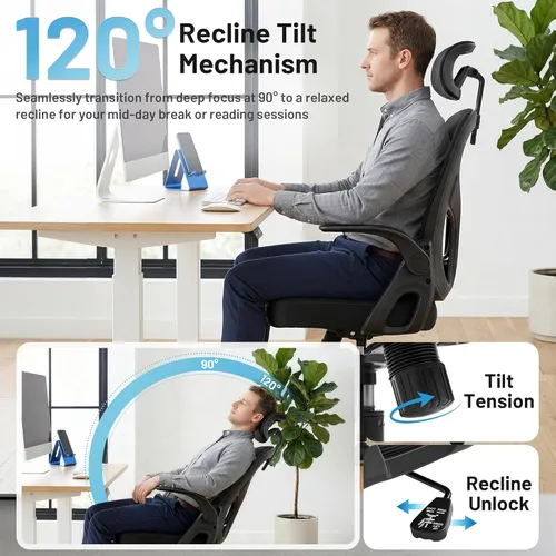 Miniatura 5 de Office Chair Ergonomic Desk Chair with Adjustable Headrest Lumbar Support, High Back Breathable Mesh Chair with 120° Tilt & Flip-Up Armrests, Swivel