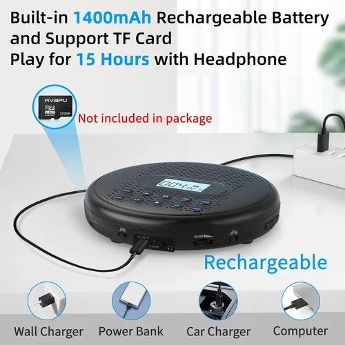Miniatura 3 de ARAFUNA Reproductor de CD portátil con altavoces estéreo duales, reproductor de CD recargable para automóvil con protección antisaltos, auriculares