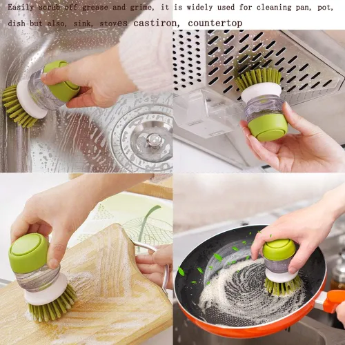 Miniatura 5 de Cepillo para platos con dispensador de jabón, cepillos para lavar platos de cocina con soporte y bandeja de goteo, para limpiar sartén, olla, Gris