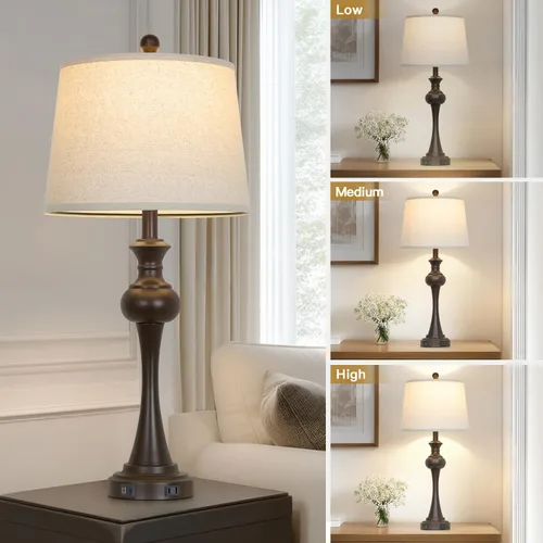 Miniatura 3 de CINSARY Lámpara de mesa marrón alta de 29", lámpara de noche con control táctil regulable en 3 vías con USB A+C y toma de corriente AC